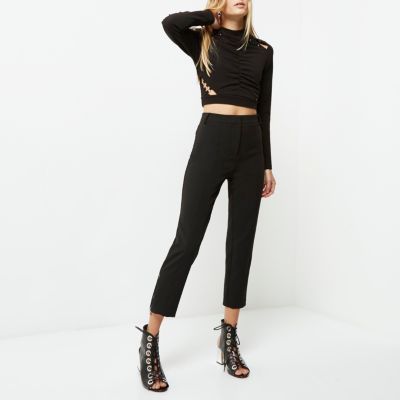 Black ruched cut out high neck crop top